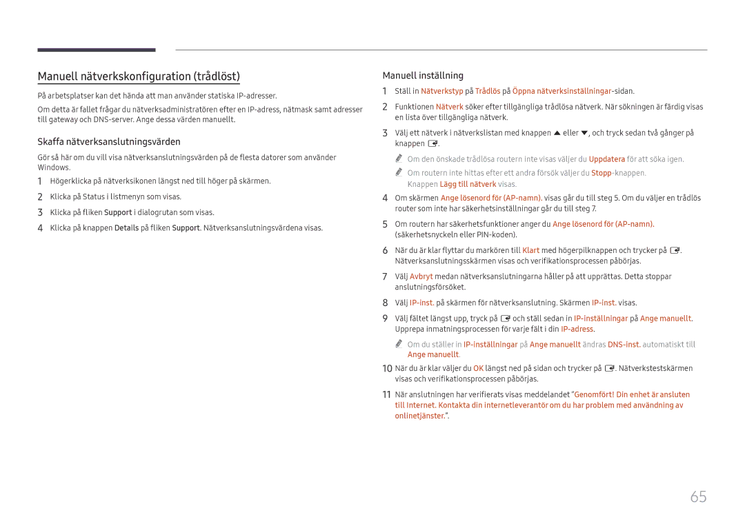 Samsung LH65QBHRTBC/EN, LH75QBHRTBC/EN manual Manuell nätverkskonfiguration trådlöst 