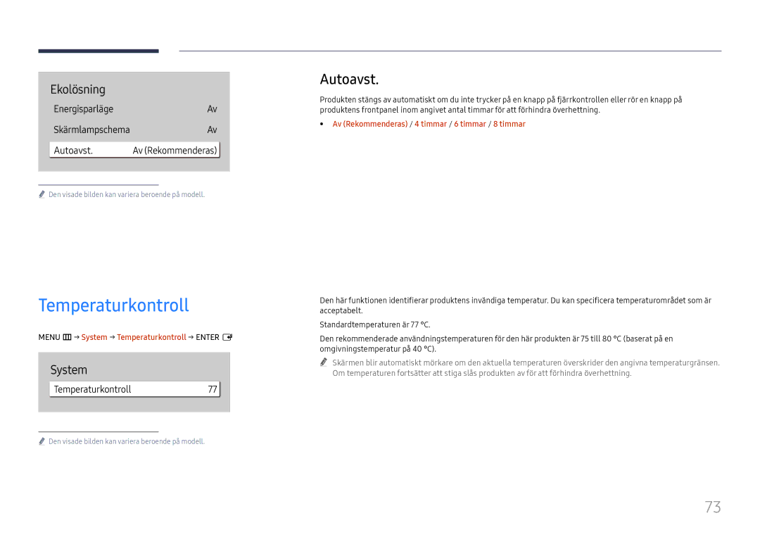 Samsung LH65QBHRTBC/EN, LH75QBHRTBC/EN manual Autoavst, Menu m→ System → Temperaturkontroll → Enter E 