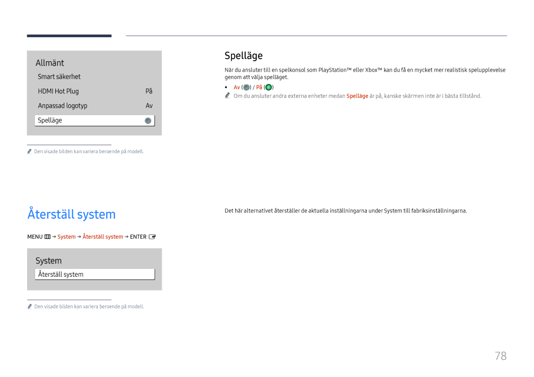 Samsung LH75QBHRTBC/EN, LH65QBHRTBC/EN manual Spelläge, Menu m→ System → Återställ system → Enter E 