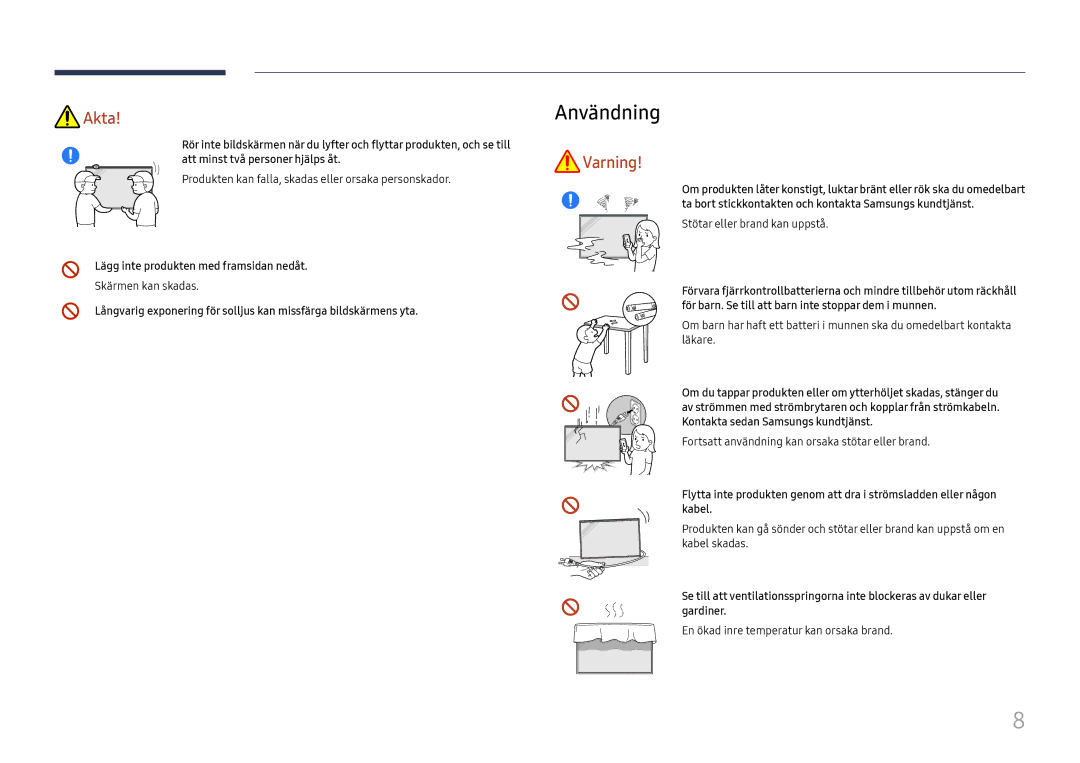 Samsung LH75QBHRTBC/EN manual Användning, Produkten kan falla, skadas eller orsaka personskador, Skärmen kan skadas 