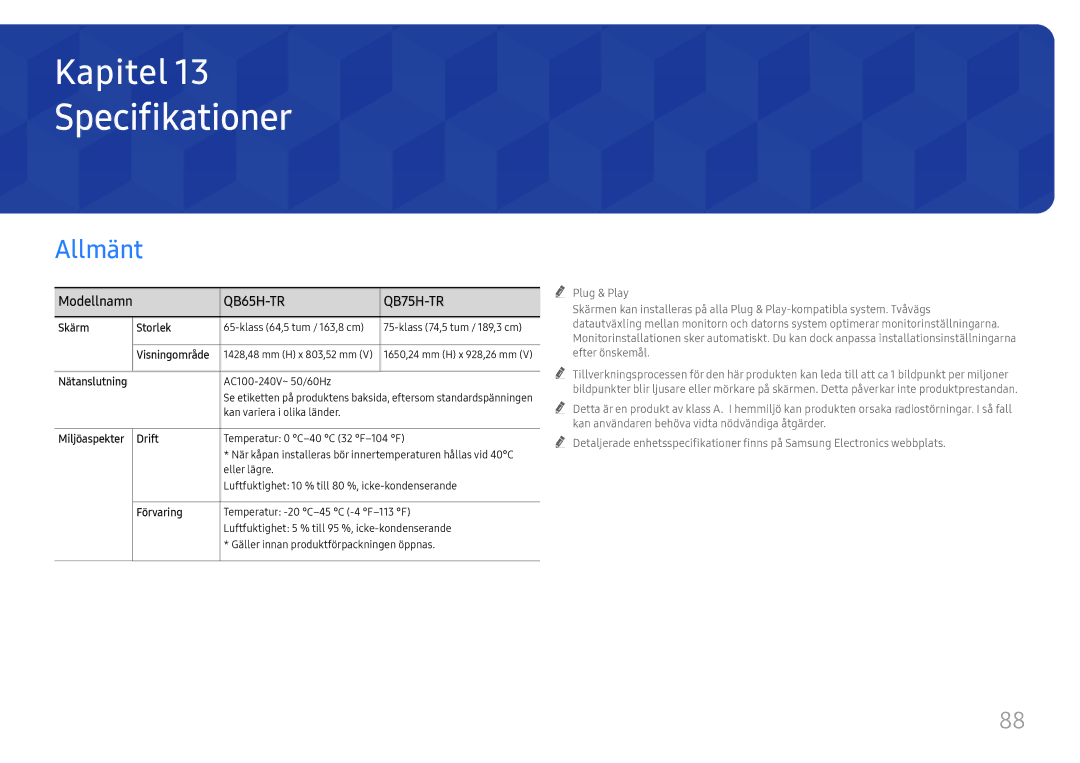 Samsung LH75QBHRTBC/EN, LH65QBHRTBC/EN manual Specifikationer 