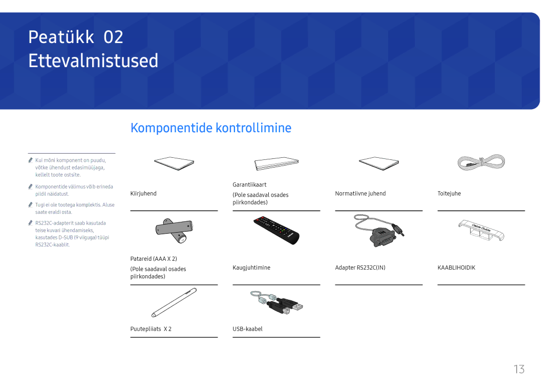 Samsung LH65QBHRTBC/EN Ettevalmistused, Komponentide kontrollimine, Kiirjuhend, Piirkondades Puutepliiats X USB-kaabel 