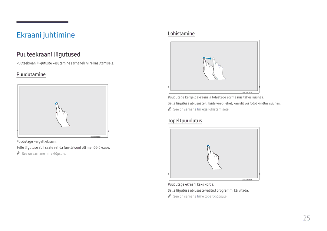 Samsung LH65QBHRTBC/EN manual Ekraani juhtimine, Puuteekraani liigutused, Puudutamine, Lohistamine, Topeltpuudutus 