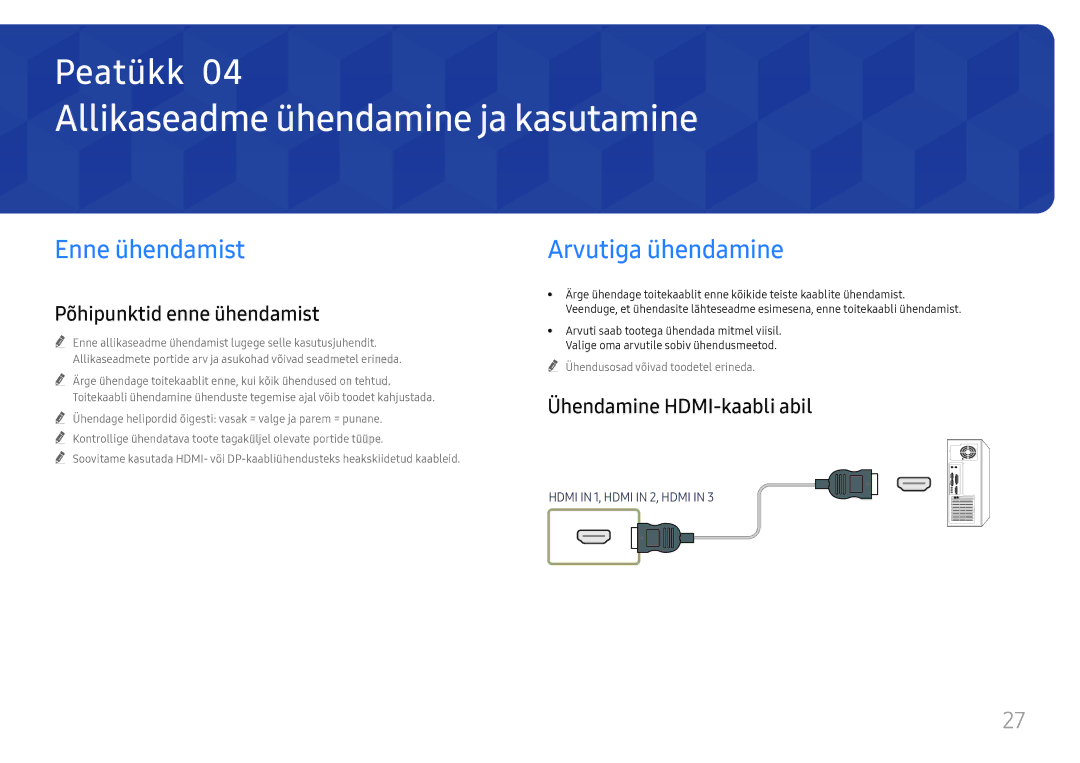 Samsung LH65QBHRTBC/EN, LH75QBHRTBC/EN manual Allikaseadme ühendamine ja kasutamine, Enne ühendamist, Arvutiga ühendamine 