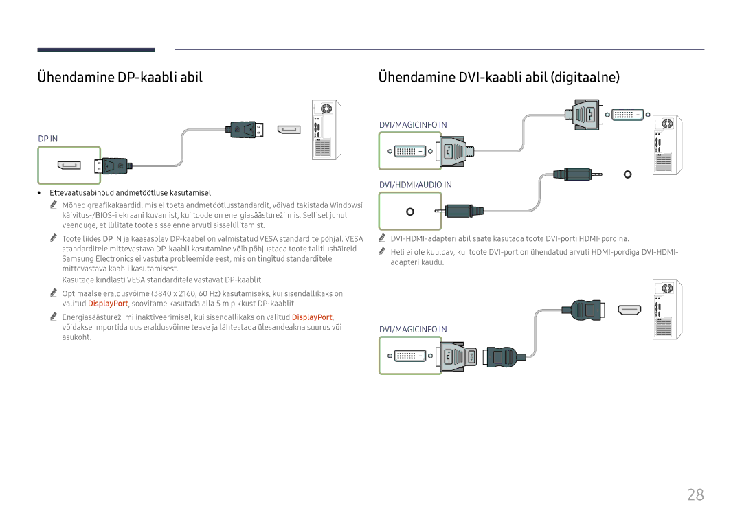 Samsung LH75QBHRTBC/EN, LH65QBHRTBC/EN manual Ühendamine DP-kaabli abil, Ettevaatusabinõud andmetöötluse kasutamisel 