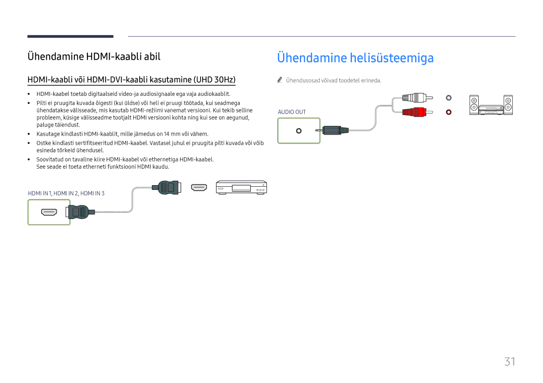 Samsung LH65QBHRTBC/EN, LH75QBHRTBC/EN manual Ühendamine helisüsteemiga, HDMI-kaabli või HDMI-DVI-kaabli kasutamine UHD 30Hz 