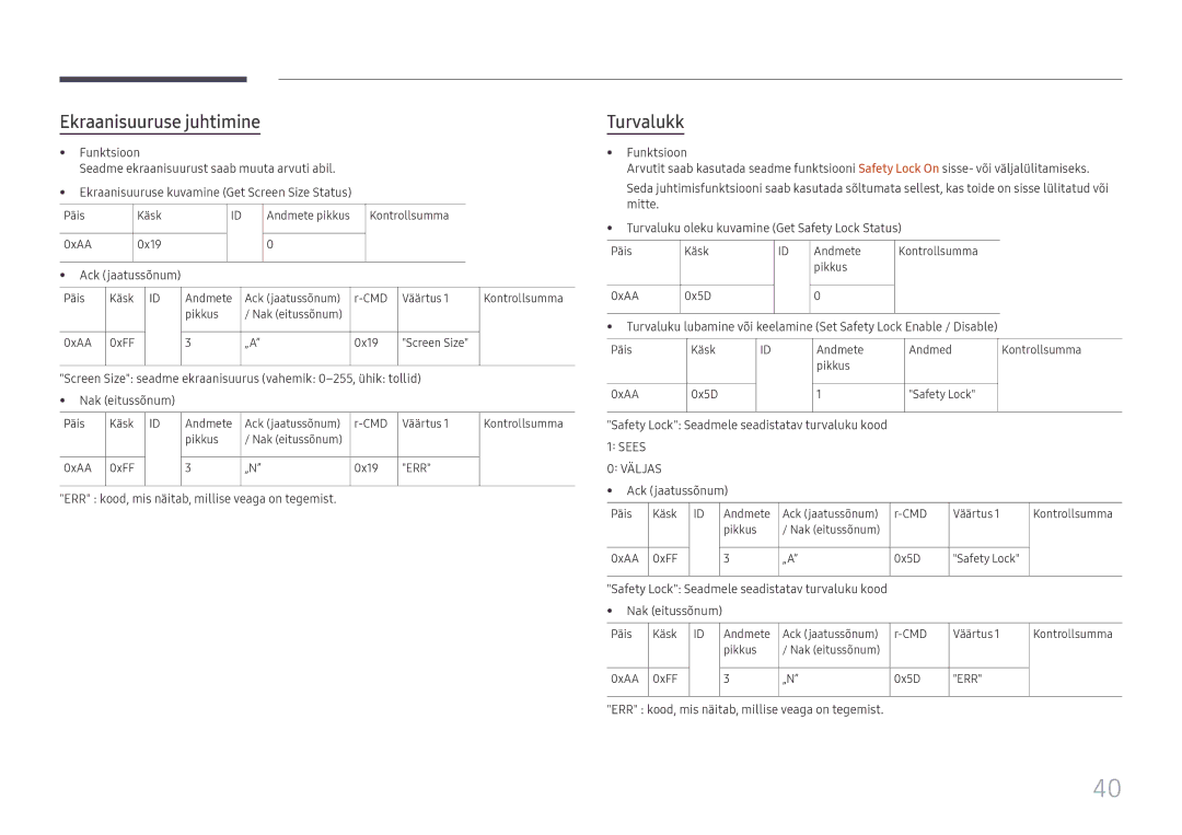 Samsung LH75QBHRTBC/EN manual Ekraanisuuruse juhtimine, Turvalukk, Safety Lock Seadmele seadistatav turvaluku kood 