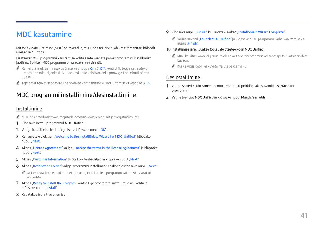 Samsung LH65QBHRTBC/EN manual MDC kasutamine, MDC programmi installimine/desinstallimine, Installimine, Desinstallimine 