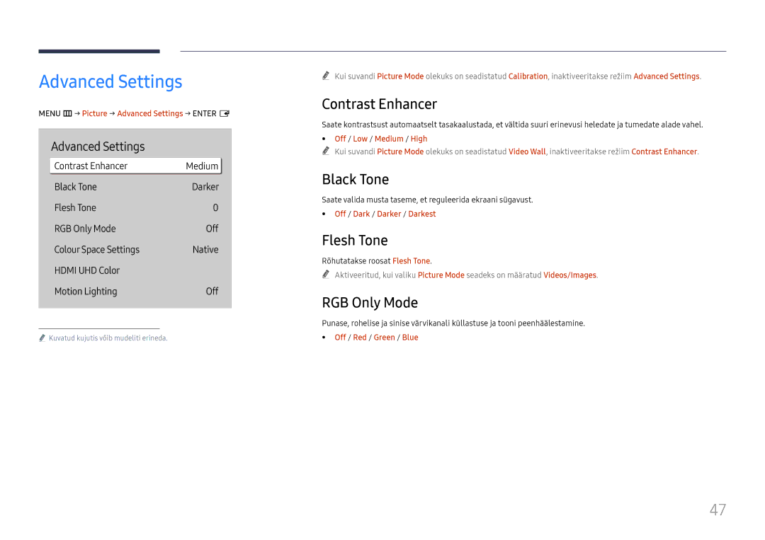 Samsung LH65QBHRTBC/EN, LH75QBHRTBC/EN manual Advanced Settings, Contrast Enhancer, Black Tone, Flesh Tone, RGB Only Mode 