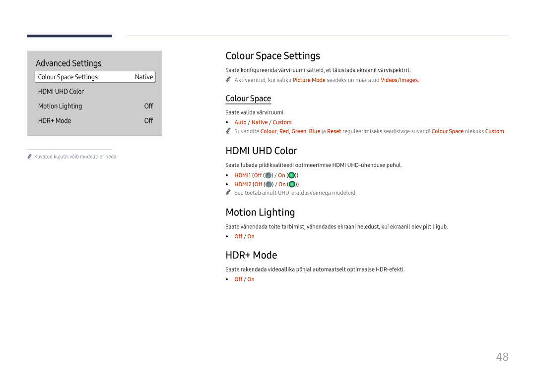 Samsung LH75QBHRTBC/EN, LH65QBHRTBC/EN manual Colour Space Settings, Hdmi UHD Color, Motion Lighting, HDR+ Mode 