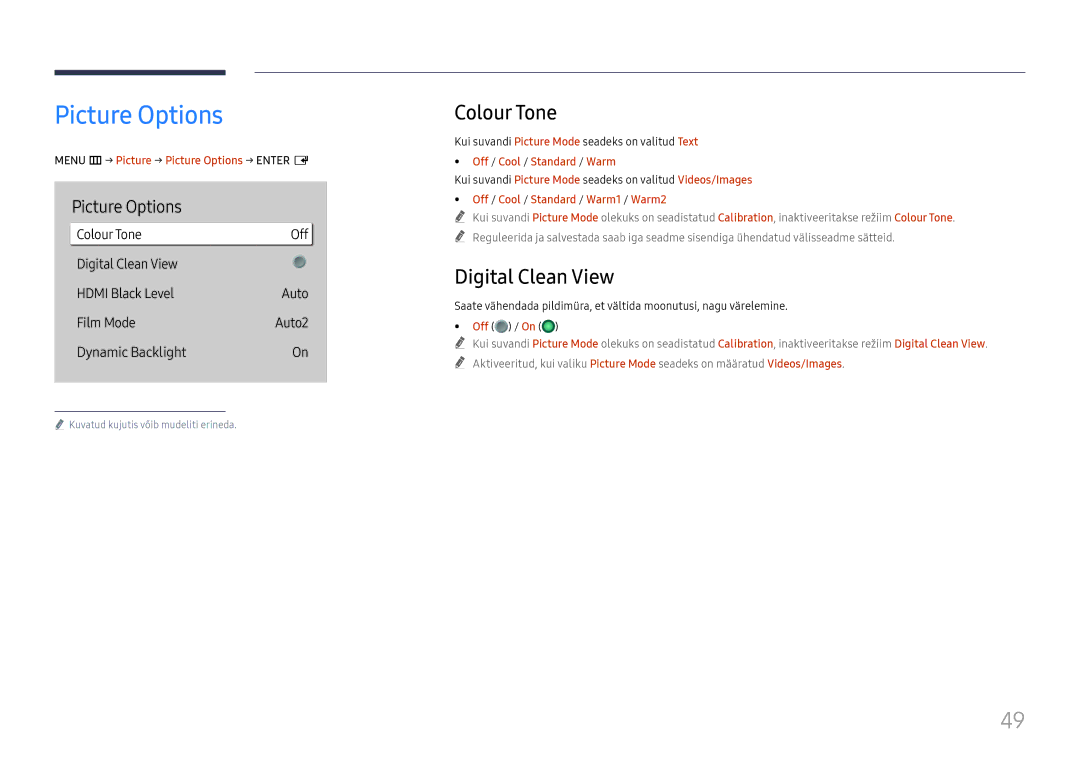 Samsung LH65QBHRTBC/EN, LH75QBHRTBC/EN manual Picture Options, Colour Tone, Digital Clean View 