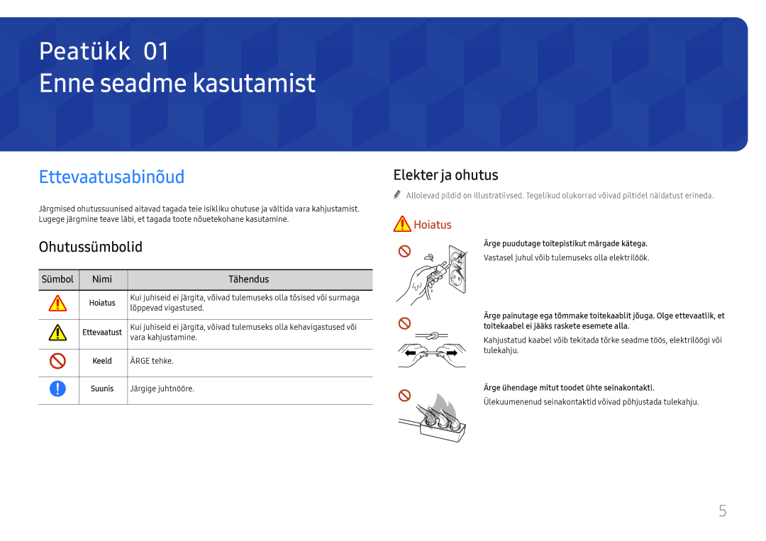 Samsung LH65QBHRTBC/EN Enne seadme kasutamist, Ettevaatusabinõud, Ohutussümbolid, Elekter ja ohutus, Sümbol Nimi Tähendus 