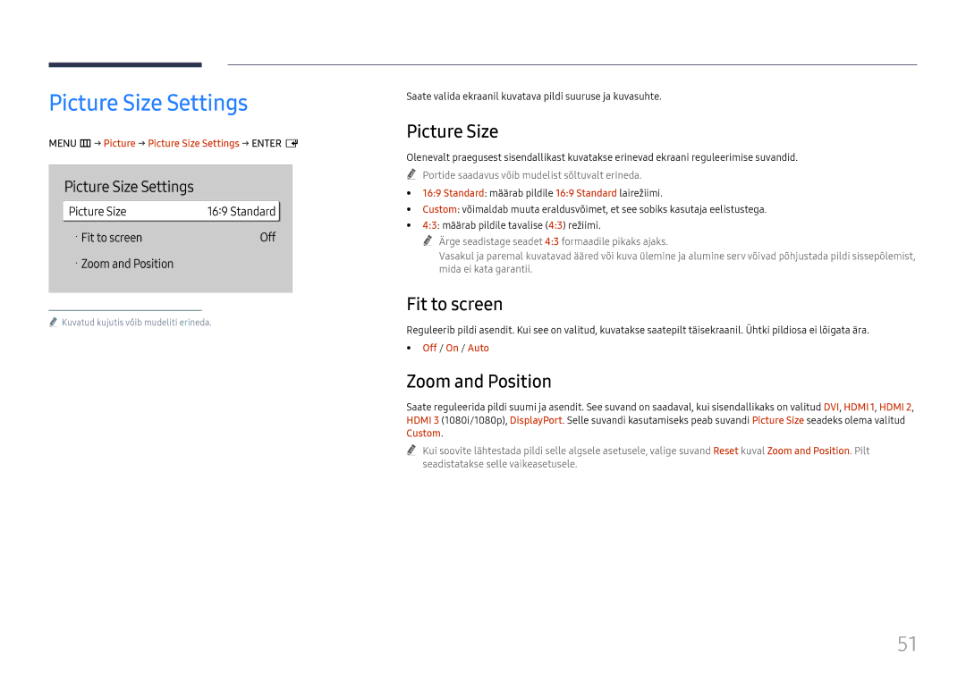 Samsung LH65QBHRTBC/EN, LH75QBHRTBC/EN manual Picture Size Settings, Fit to screen, Zoom and Position 