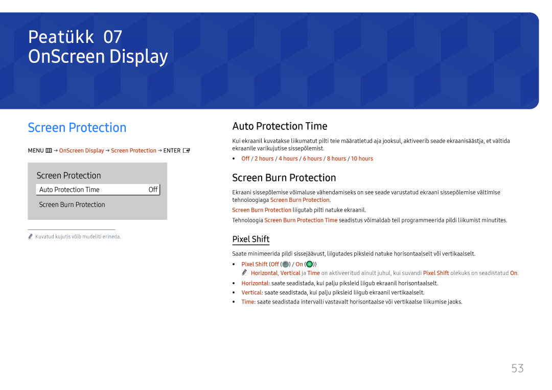 Samsung LH65QBHRTBC/EN, LH75QBHRTBC/EN OnScreen Display, Screen Protection, Auto Protection Time, Screen Burn Protection 