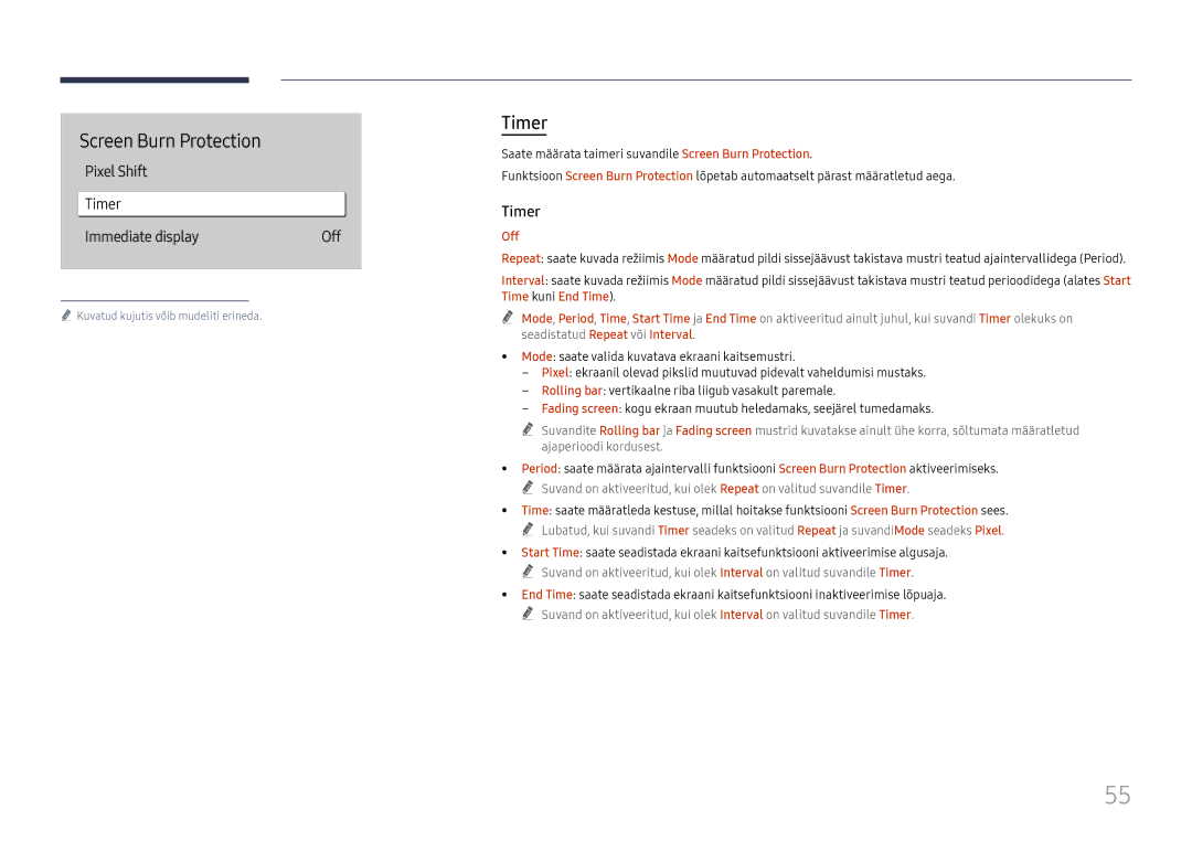 Samsung LH65QBHRTBC/EN manual Timer, Saate määrata taimeri suvandile Screen Burn Protection, Off, Time kuni End Time 