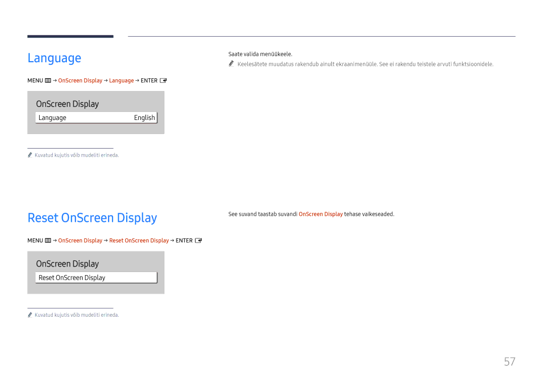 Samsung LH65QBHRTBC/EN, LH75QBHRTBC/EN manual Reset OnScreen Display, Menu m→ OnScreen Display → Language → Enter E 