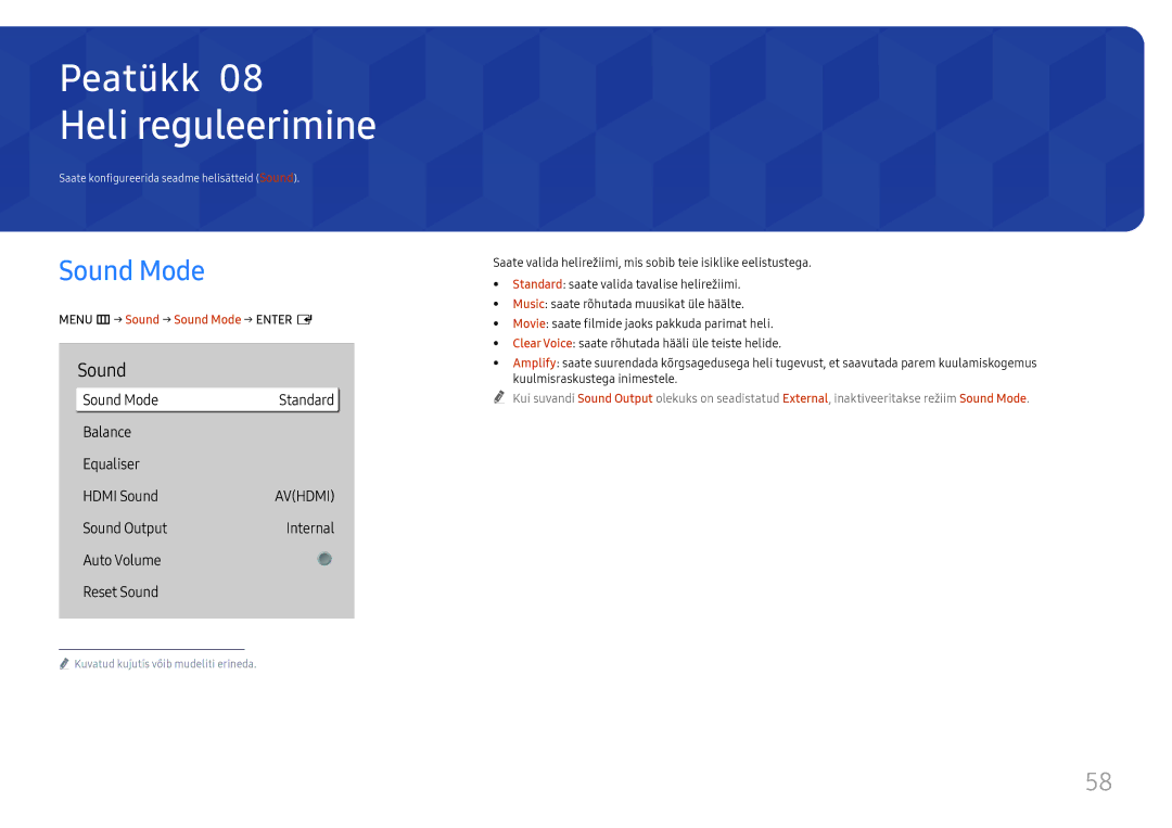 Samsung LH75QBHRTBC/EN, LH65QBHRTBC/EN manual Heli reguleerimine, Menu m→ Sound → Sound Mode → Enter E 