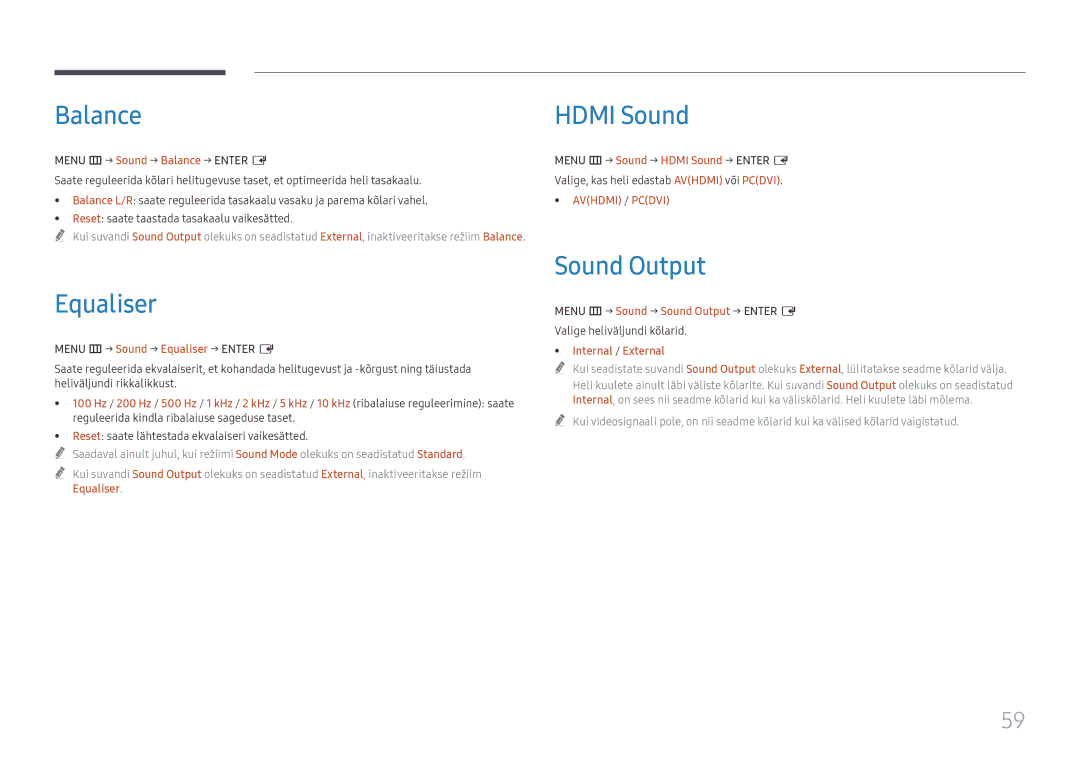 Samsung LH65QBHRTBC/EN, LH75QBHRTBC/EN manual Balance, Equaliser, Hdmi Sound, Sound Output 