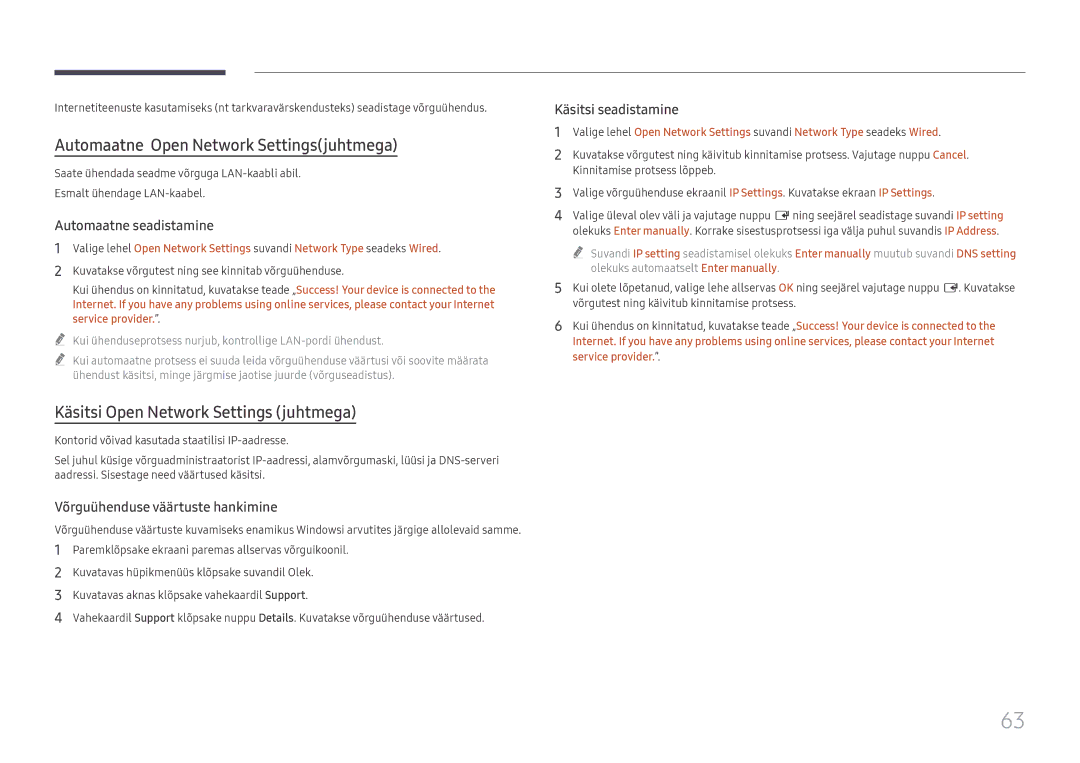 Samsung LH65QBHRTBC/EN, LH75QBHRTBC/EN Automaatne Open Network Settingsjuhtmega, Käsitsi Open Network Settings juhtmega 