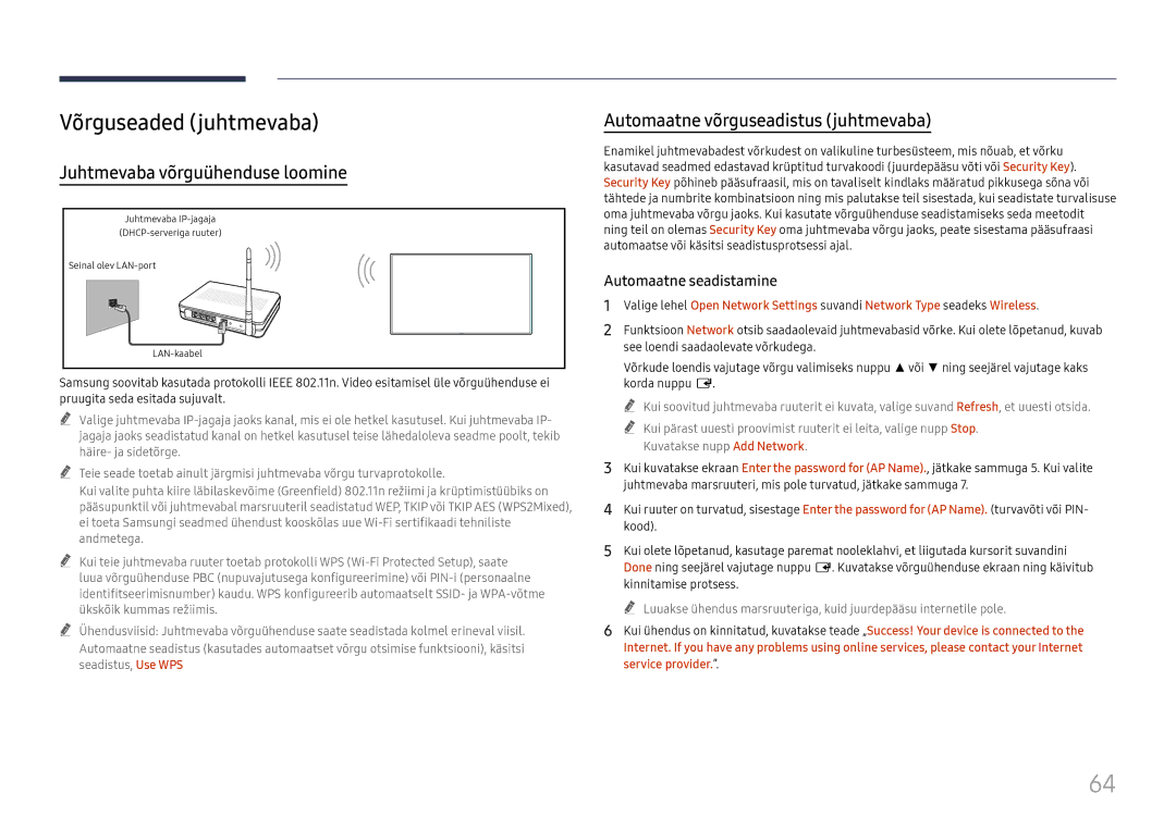 Samsung LH75QBHRTBC/EN Võrguseaded juhtmevaba, Juhtmevaba võrguühenduse loomine, Automaatne võrguseadistus juhtmevaba 