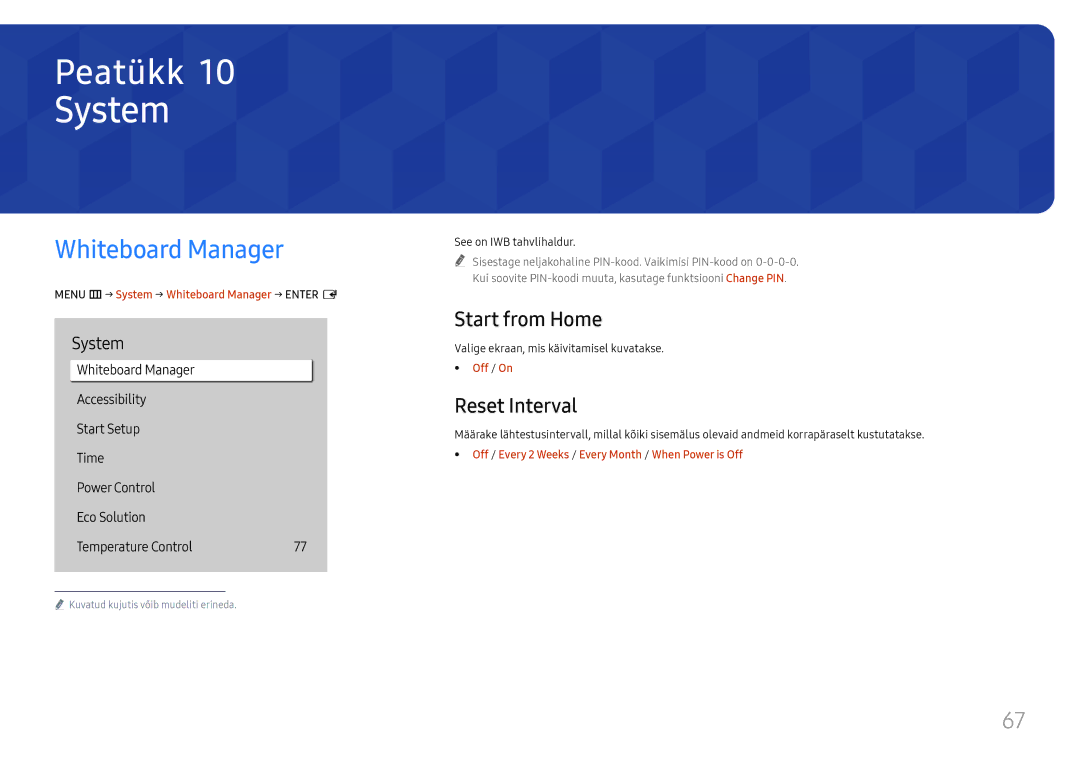 Samsung LH65QBHRTBC/EN, LH75QBHRTBC/EN manual System, Whiteboard Manager, Start from Home, Reset Interval 