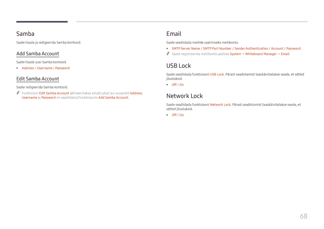 Samsung LH75QBHRTBC/EN, LH65QBHRTBC/EN manual USB Lock, Network Lock, Add Samba Account, Edit Samba Account 