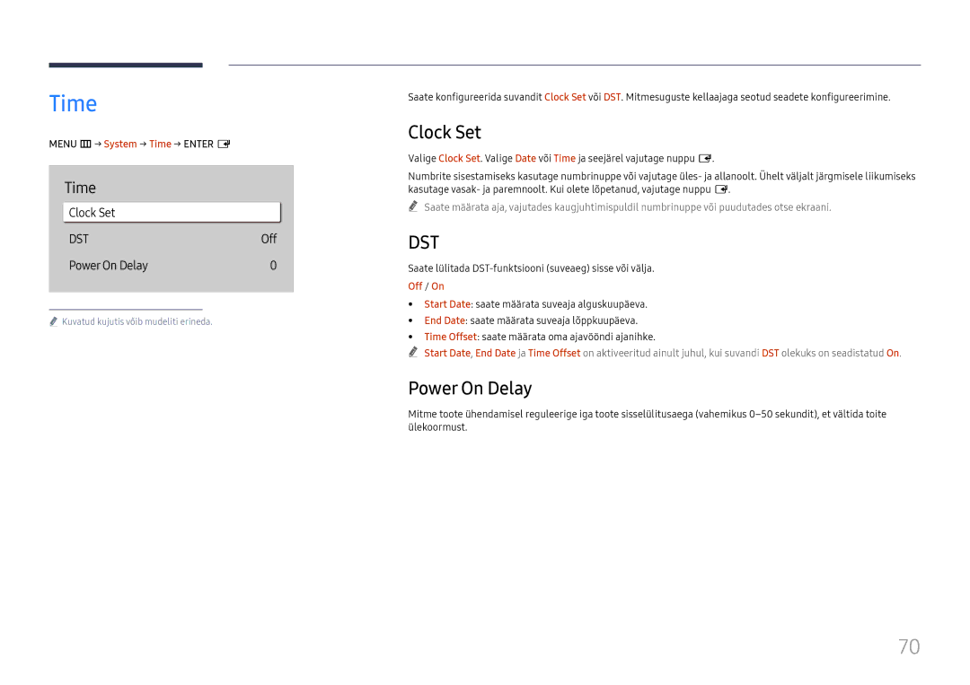 Samsung LH75QBHRTBC/EN, LH65QBHRTBC/EN manual Clock Set, Power On Delay, Menu m→ System → Time → Enter E 