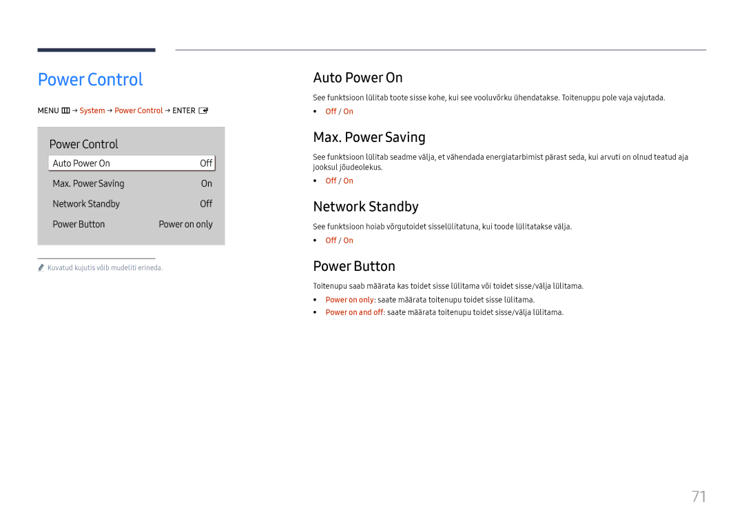 Samsung LH65QBHRTBC/EN, LH75QBHRTBC/EN manual Power Control, Auto Power On, Max. Power Saving, Network Standby, Power Button 