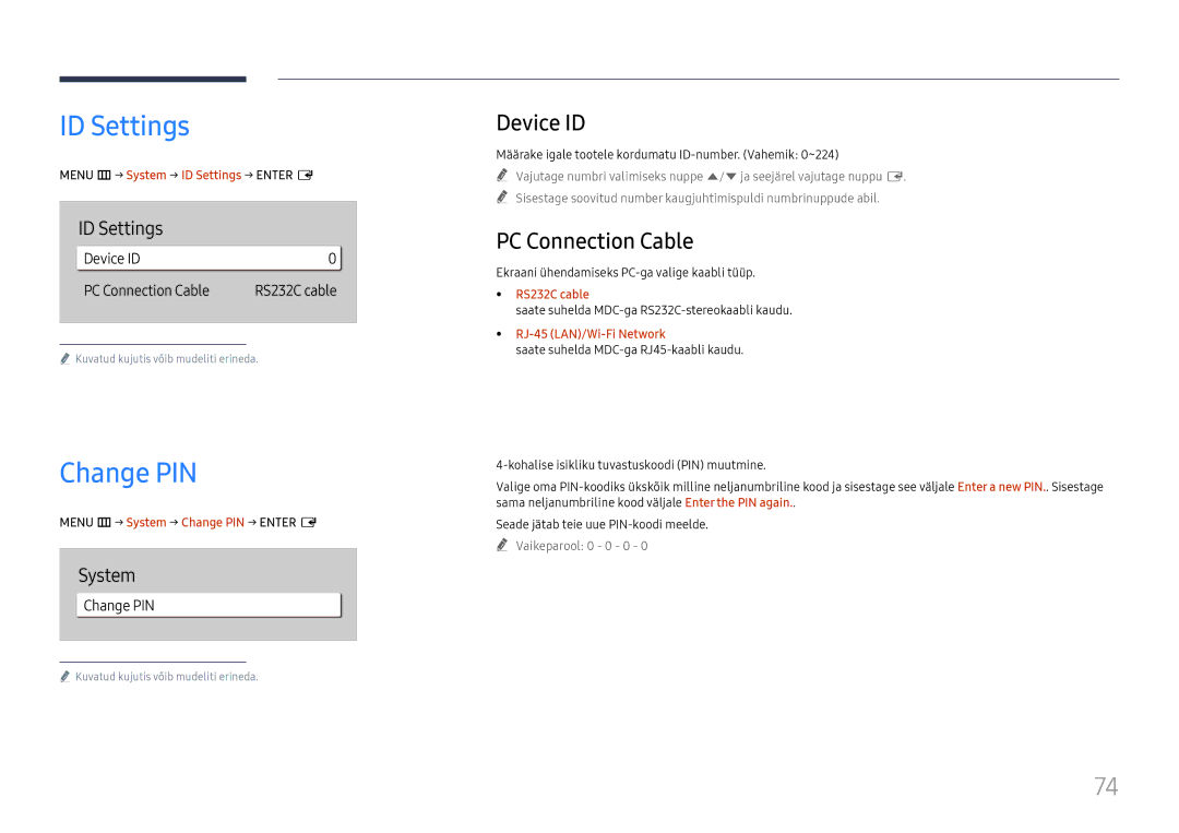 Samsung LH75QBHRTBC/EN, LH65QBHRTBC/EN manual ID Settings, Change PIN, Device ID, PC Connection Cable 