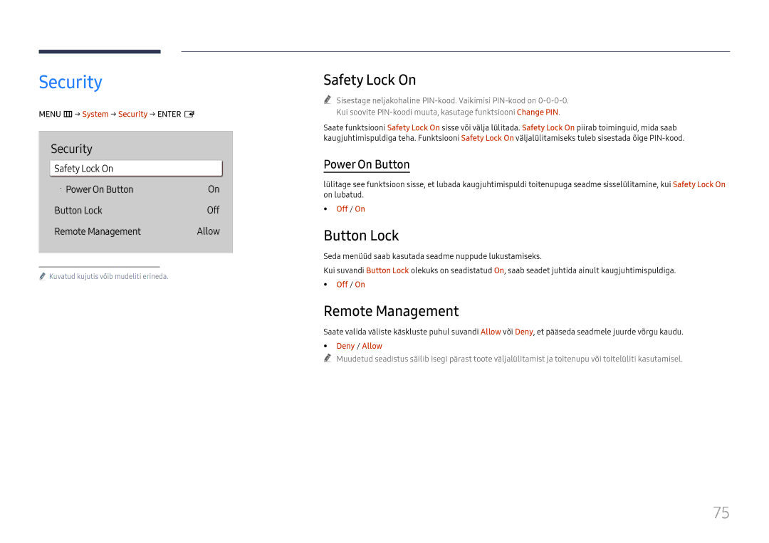 Samsung LH65QBHRTBC/EN, LH75QBHRTBC/EN manual Security, Safety Lock On, Button Lock, Remote Management 