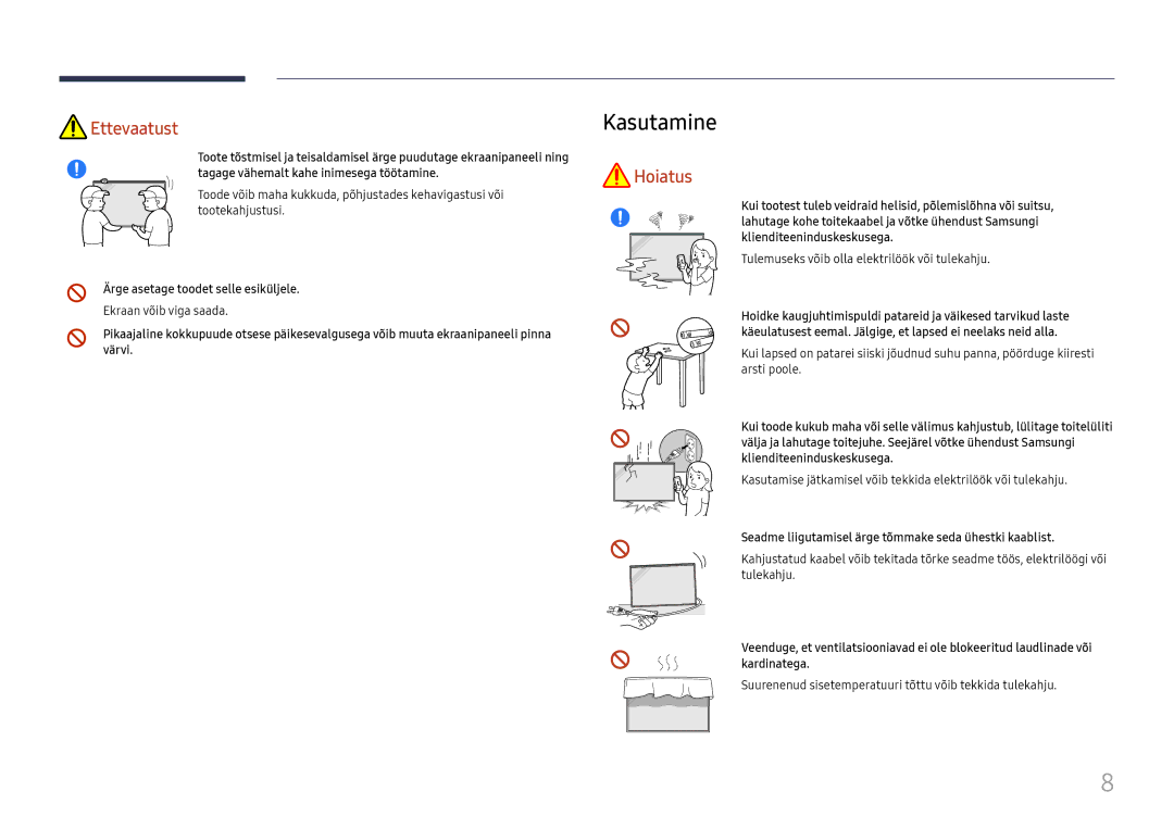 Samsung LH75QBHRTBC/EN, LH65QBHRTBC/EN manual Kasutamine, Ärge asetage toodet selle esiküljele, Ekraan võib viga saada 