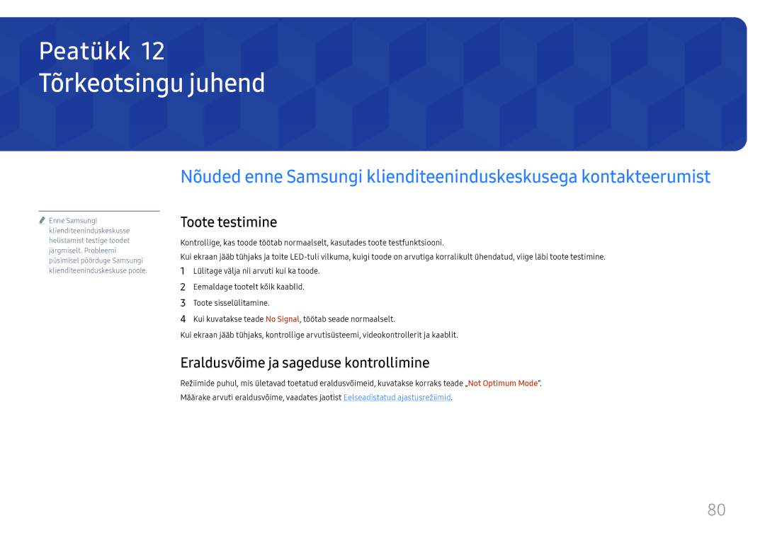 Samsung LH75QBHRTBC/EN, LH65QBHRTBC/EN manual Tõrkeotsingu juhend, Toote testimine, Eraldusvõime ja sageduse kontrollimine 