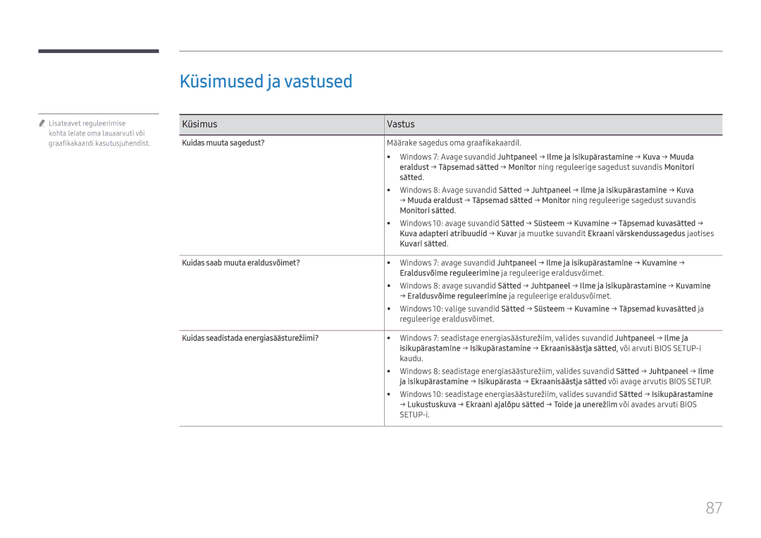 Samsung LH65QBHRTBC/EN, LH75QBHRTBC/EN manual Küsimused ja vastused, Küsimus Vastus, Kuidas seadistada energiasäästurežiimi? 