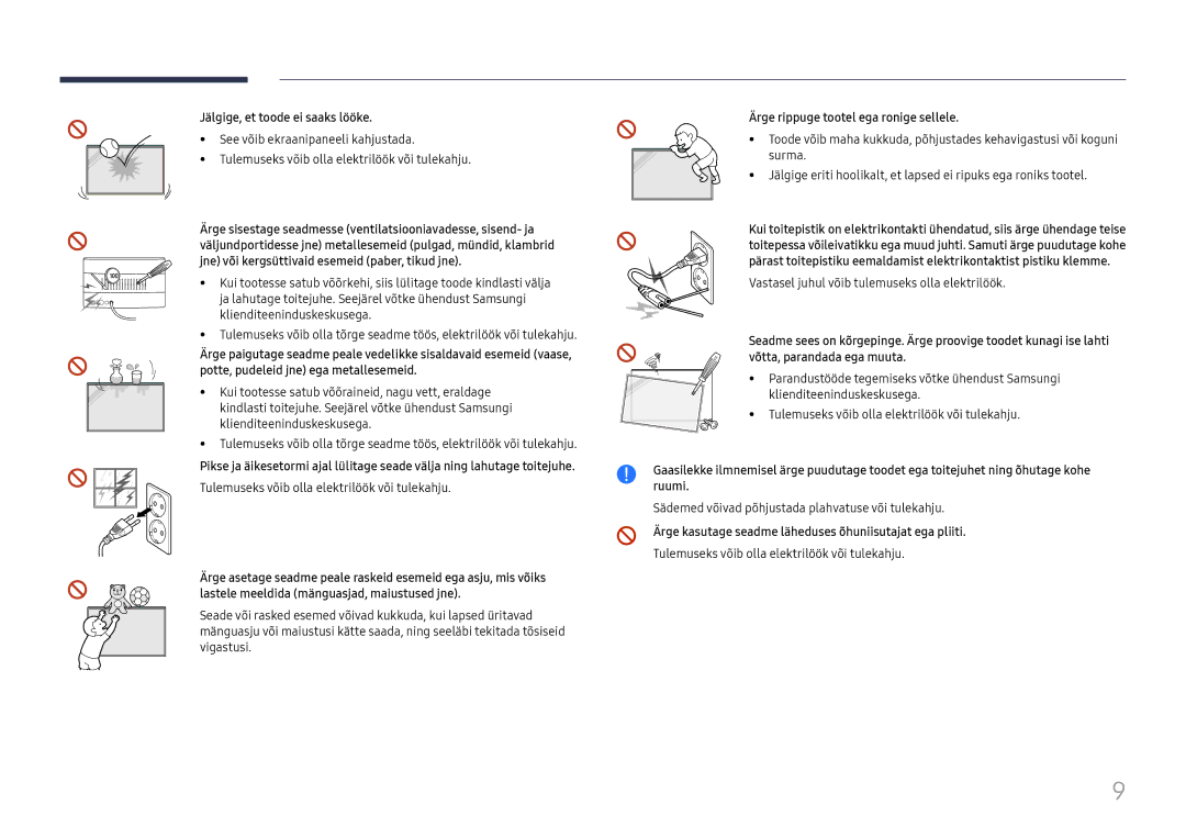Samsung LH65QBHRTBC/EN, LH75QBHRTBC/EN manual Jälgige, et toode ei saaks lööke, Ärge rippuge tootel ega ronige sellele 