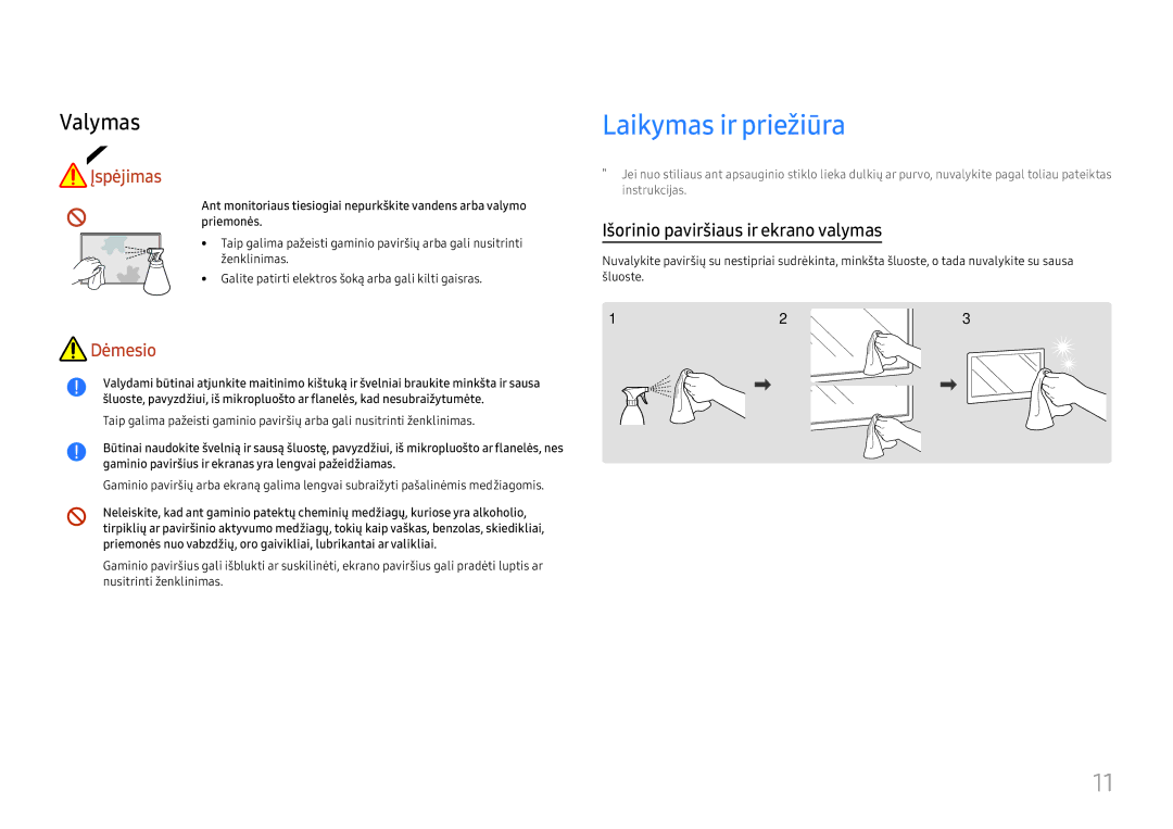 Samsung LH65QBHRTBC/EN, LH75QBHRTBC/EN manual Laikymas ir priežiūra, Valymas, Išorinio paviršiaus ir ekrano valymas 