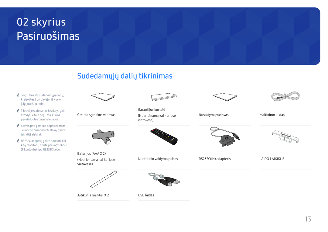 Samsung LH65QBHRTBC/EN manual Pasiruošimas, Sudedamųjų dalių tikrinimas, Vietovėse Jutiklinis rašiklis X USB laidas 