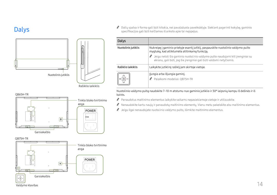 Samsung LH75QBHRTBC/EN, LH65QBHRTBC/EN manual Dalys Aprašymas, Nuotolinis jutiklis, Rašiklio laikiklis 