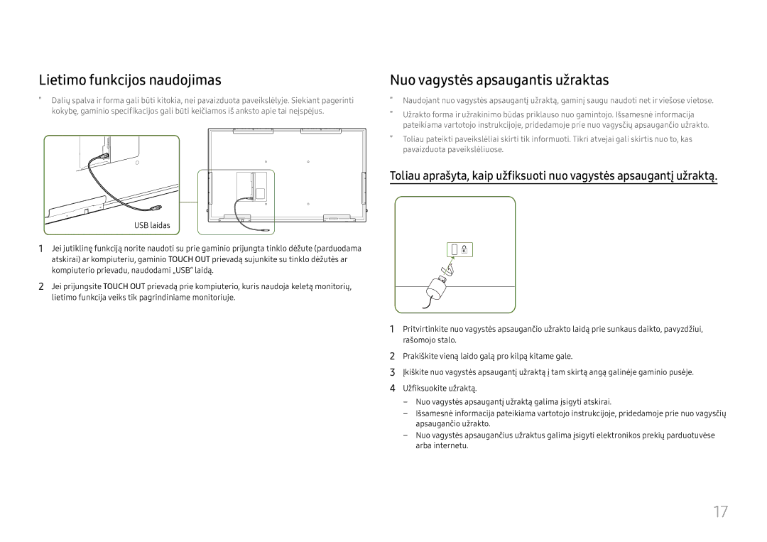 Samsung LH65QBHRTBC/EN, LH75QBHRTBC/EN manual Lietimo funkcijos naudojimas, Nuo vagystės apsaugantis užraktas 