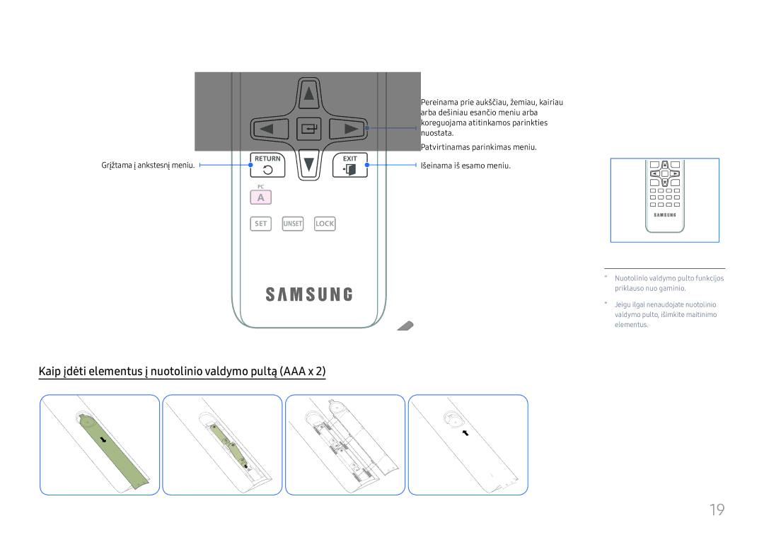 Samsung LH65QBHRTBC/EN, LH75QBHRTBC/EN Kaip įdėti elementus į nuotolinio valdymo pultą AAA x, Grįžtama į ankstesnį meniu 