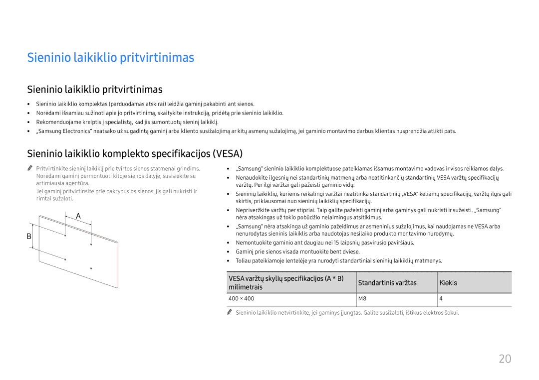 Samsung LH75QBHRTBC/EN manual Sieninio laikiklio pritvirtinimas, Sieninio laikiklio komplekto specifikacijos Vesa, 400 × 