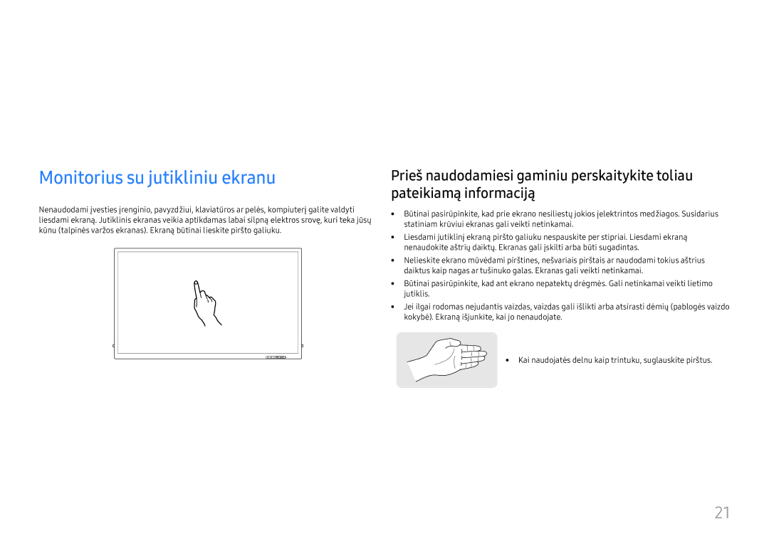 Samsung LH65QBHRTBC/EN, LH75QBHRTBC/EN manual Monitoriaus su jutikliniu ekranu naudojimas, Monitorius su jutikliniu ekranu 