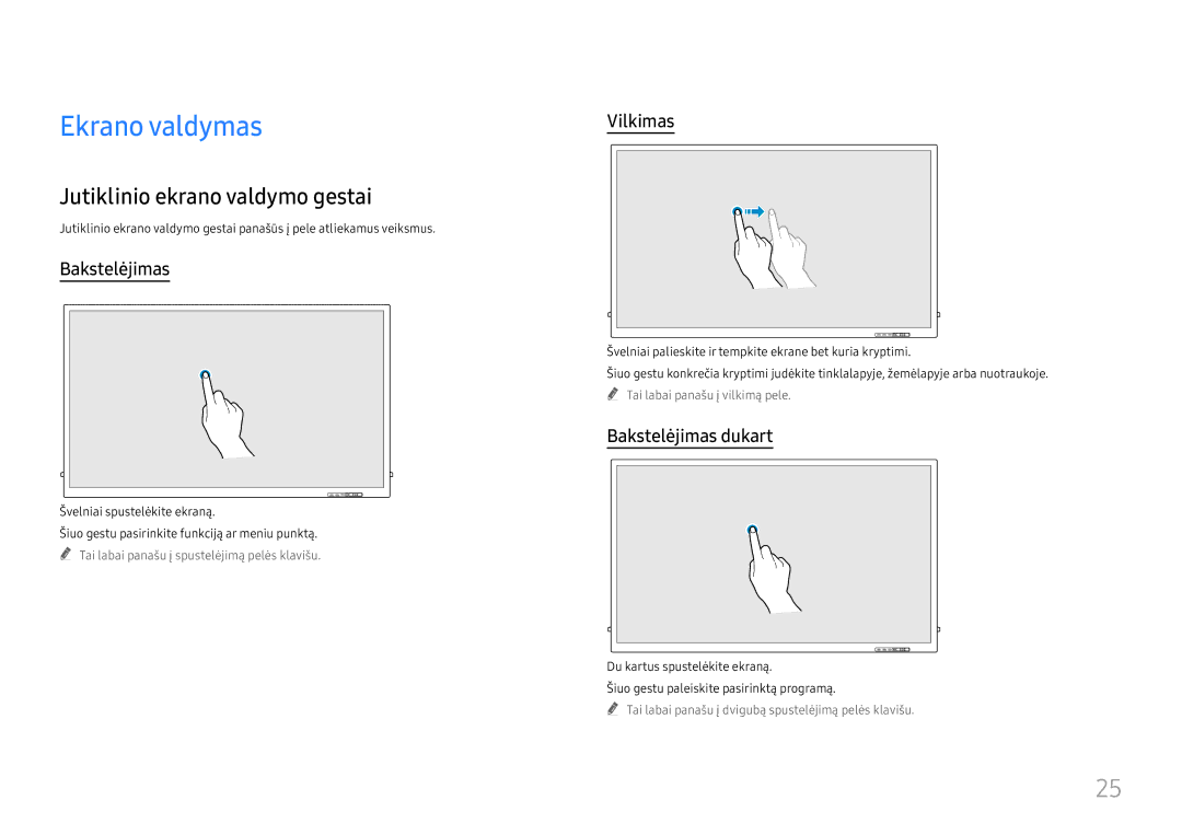 Samsung LH65QBHRTBC/EN manual Ekrano valdymas, Jutiklinio ekrano valdymo gestai, Vilkimas, Bakstelėjimas dukart 