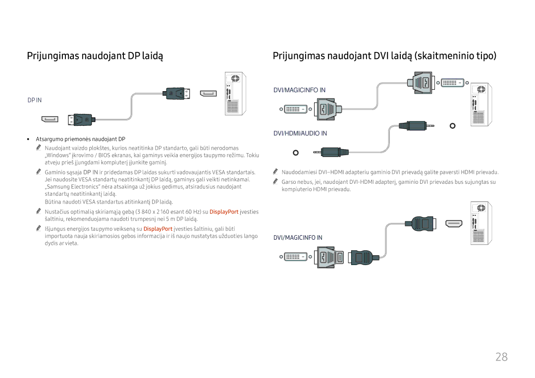 Samsung LH75QBHRTBC/EN, LH65QBHRTBC/EN manual Prijungimas naudojant DP laidą, Atsargumo priemonės naudojant DP 