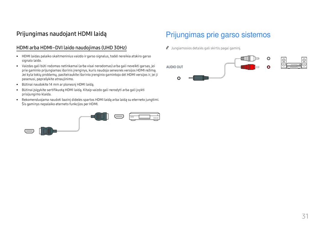 Samsung LH65QBHRTBC/EN, LH75QBHRTBC/EN manual Prijungimas prie garso sistemos, Hdmi arba HDMI-DVI laido naudojimas UHD 30Hz 