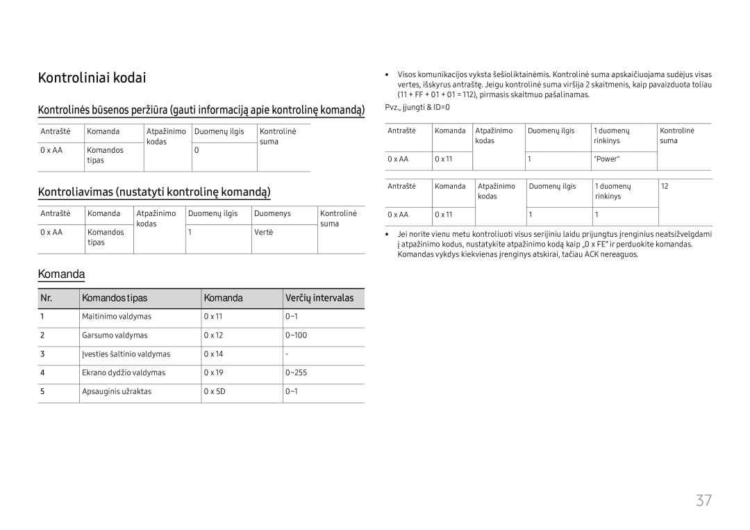 Samsung LH65QBHRTBC/EN, LH75QBHRTBC/EN manual Kontroliniai kodai, Kontroliavimas nustatyti kontrolinę komandą, Komanda 