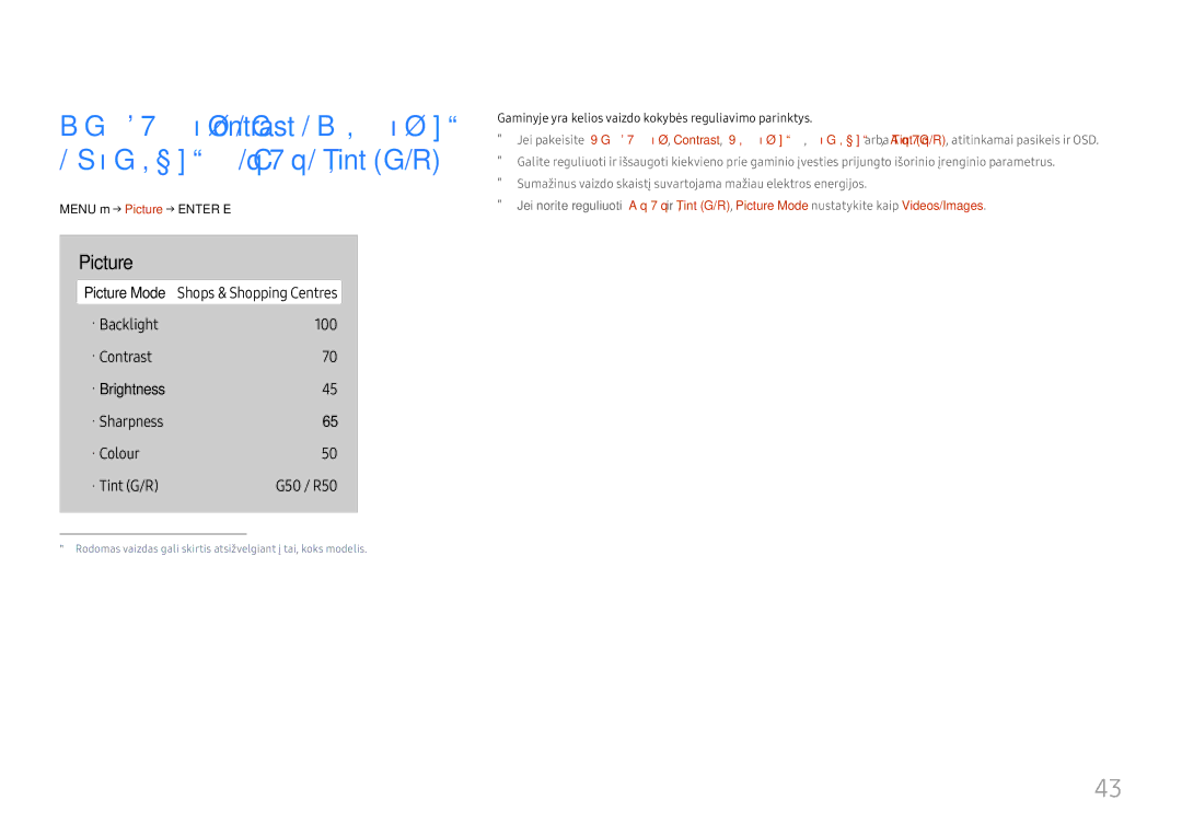 Samsung LH65QBHRTBC/EN, LH75QBHRTBC/EN Menu m→ Picture → Enter E, Gaminyje yra kelios vaizdo kokybės reguliavimo parinktys 