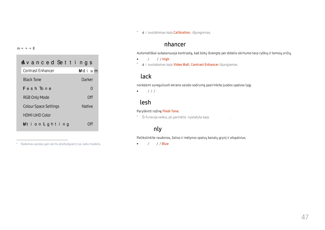 Samsung LH65QBHRTBC/EN, LH75QBHRTBC/EN manual Advanced Settings, Contrast Enhancer, Black Tone, Flesh Tone, RGB Only Mode 