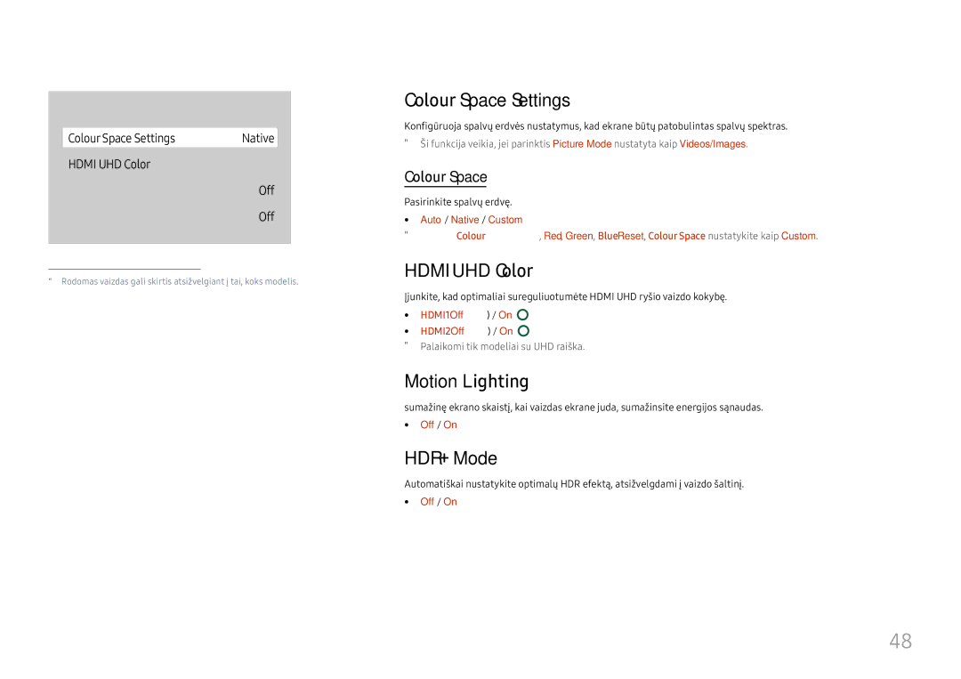 Samsung LH75QBHRTBC/EN, LH65QBHRTBC/EN manual Colour Space Settings, Hdmi UHD Color, Motion Lighting, HDR+ Mode 