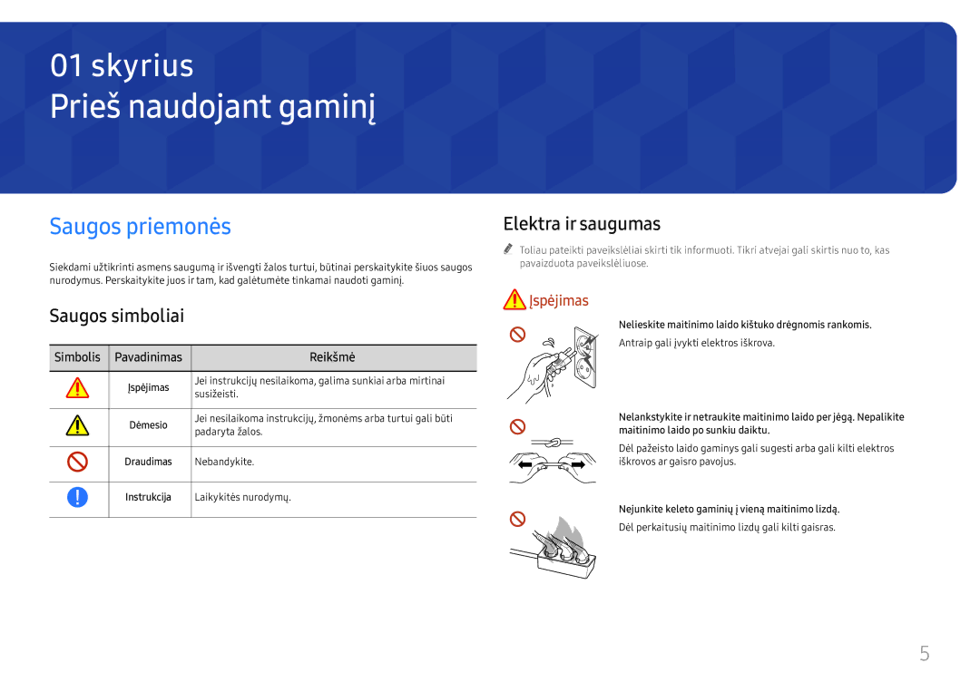 Samsung LH65QBHRTBC/EN, LH75QBHRTBC/EN Prieš naudojant gaminį, Saugos priemonės, Saugos simboliai, Elektra ir saugumas 