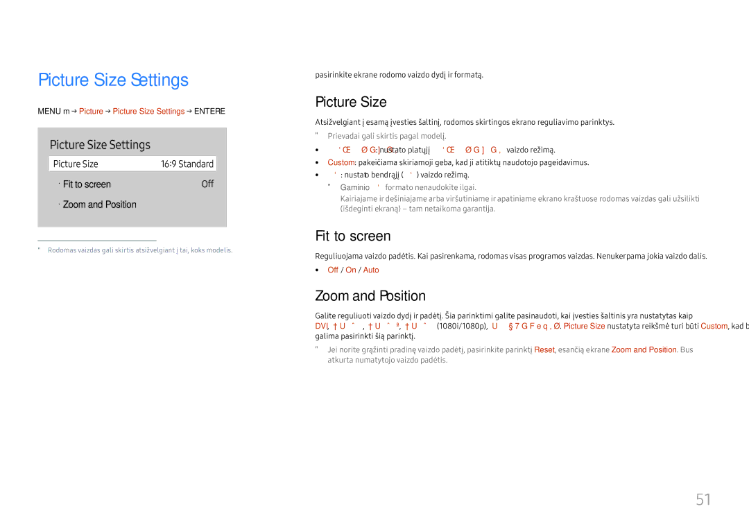 Samsung LH65QBHRTBC/EN, LH75QBHRTBC/EN manual Picture Size Settings, Fit to screen, Zoom and Position 